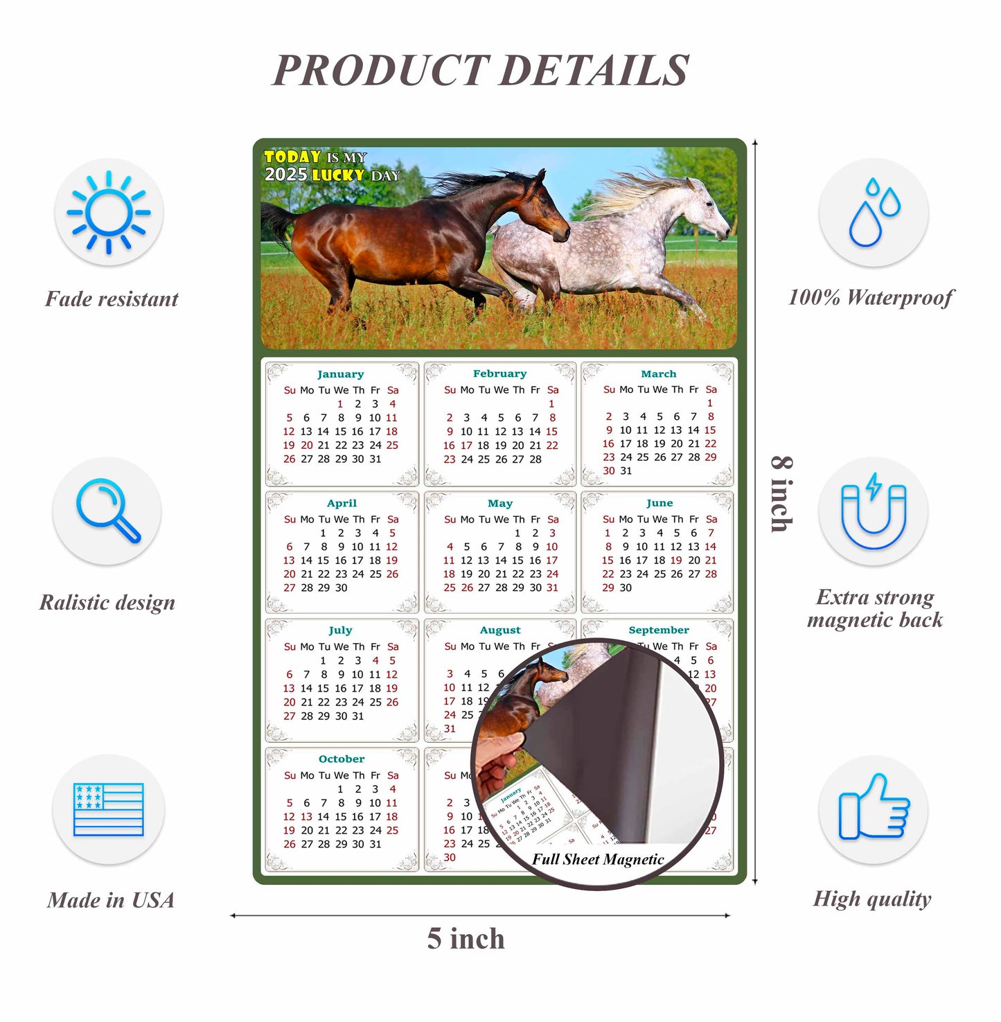 2025 Magnetic Calendar - Calendar Magnets - Today is my Lucky Day - (Fade, Tear, and Water Resistant) - Horses Themed 03