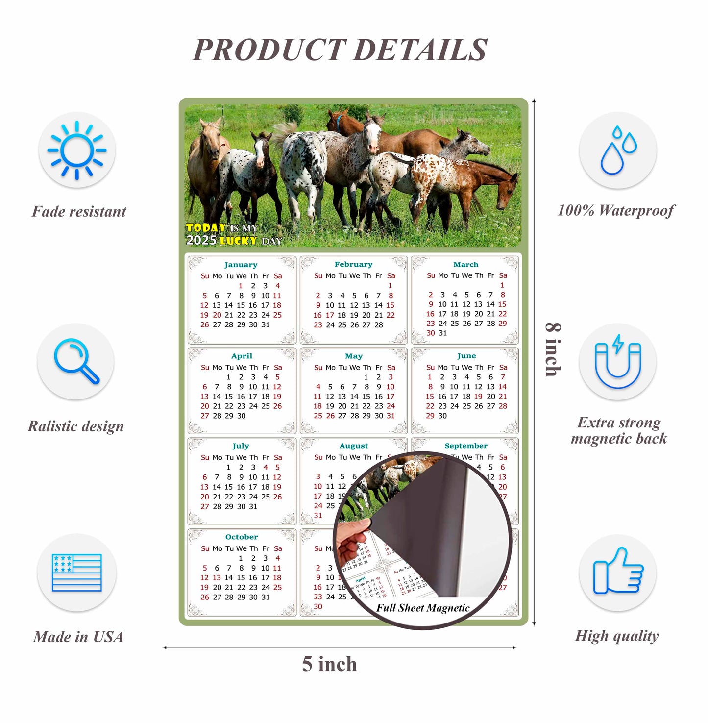 2025 Magnetic Calendar - Calendar Magnets - Today is my Lucky Day - (Fade, Tear, and Water Resistant) - Horses Themed 02