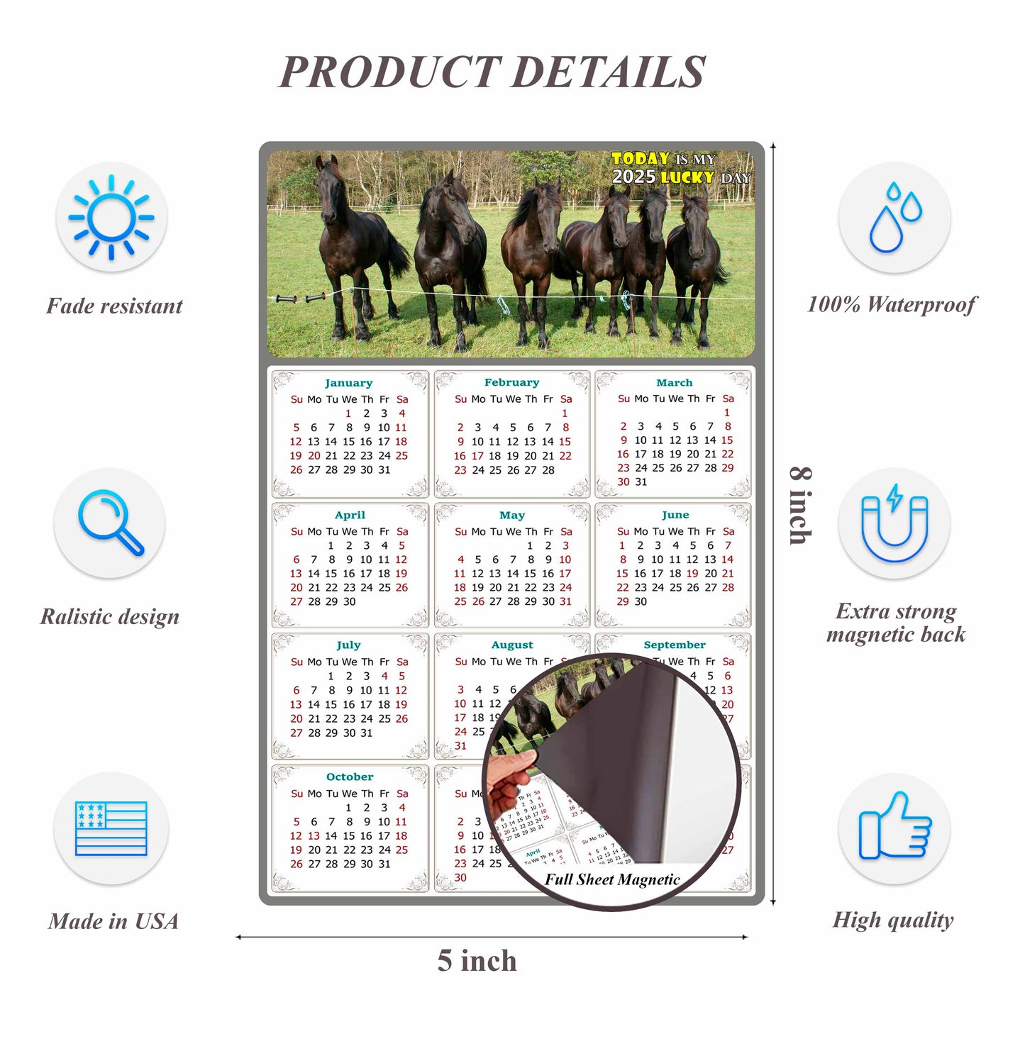 2025 Magnetic Calendar - Calendar Magnets - Today is my Lucky Day - (Fade, Tear, and Water Resistant) - Horses Themed 06
