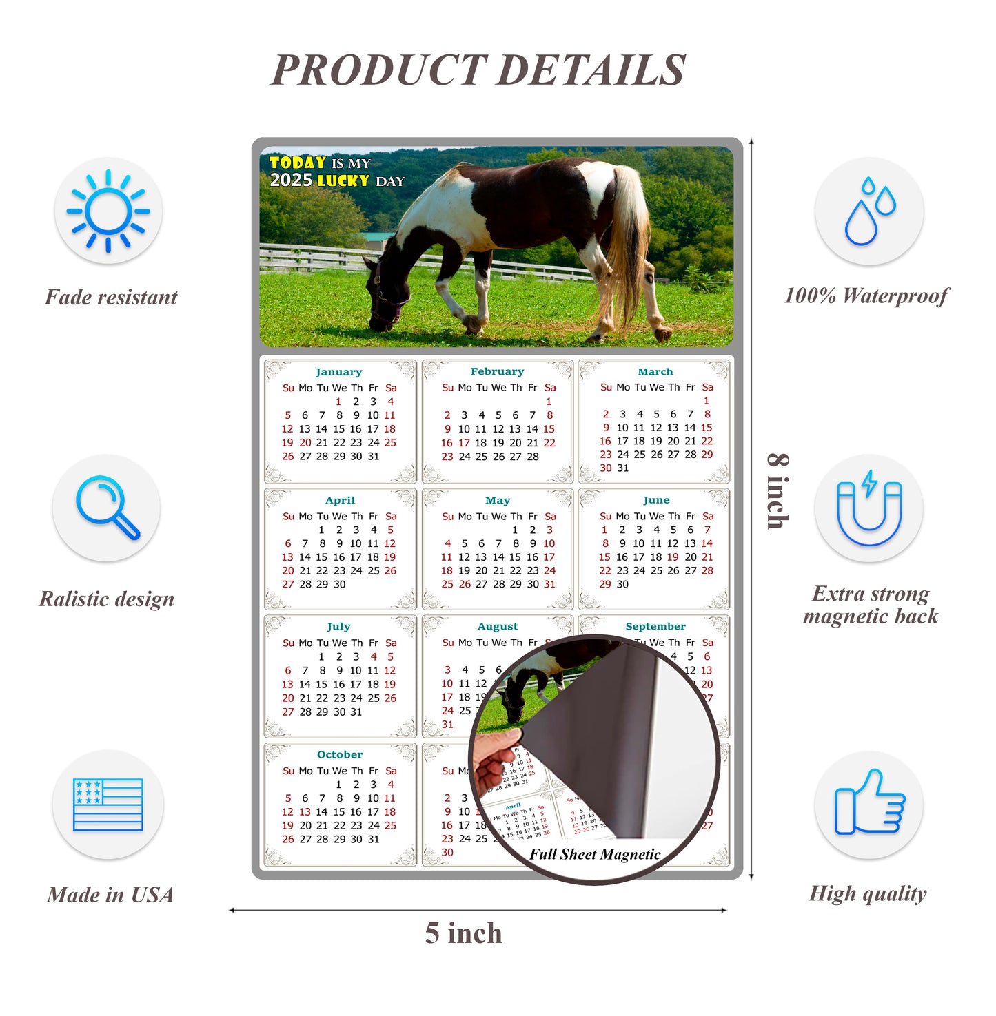 2025 Magnetic Calendar - Calendar Magnets - Today is my Lucky Day - (Fade, Tear, and Water Resistant) - Horses Themed 020