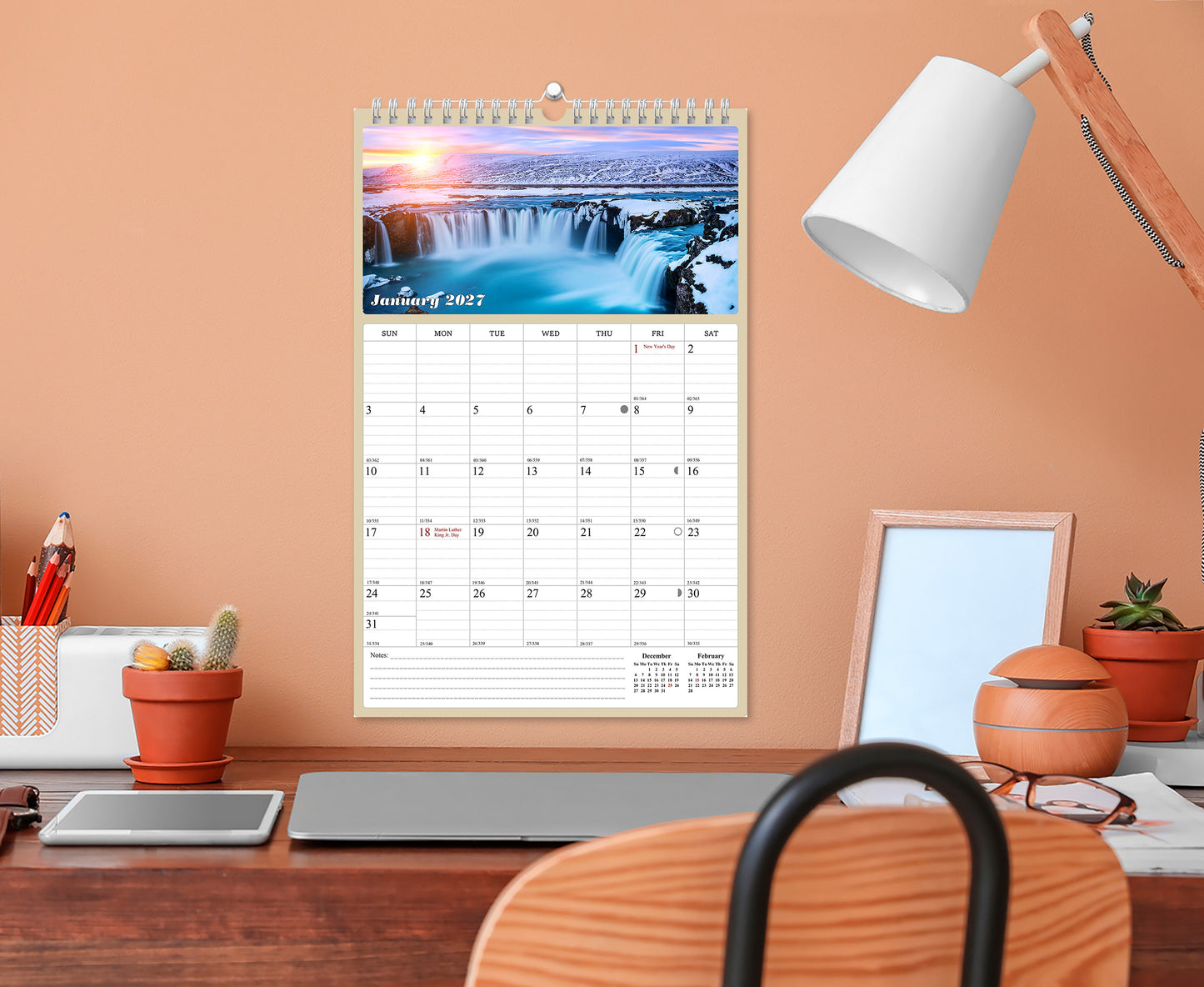 2027 Wall Calendar Spiral-bound Twin-Wire Binding - 12 Months Planner - Large Ruled Blocks with Julian Dates - (Sunset&Sunrise)