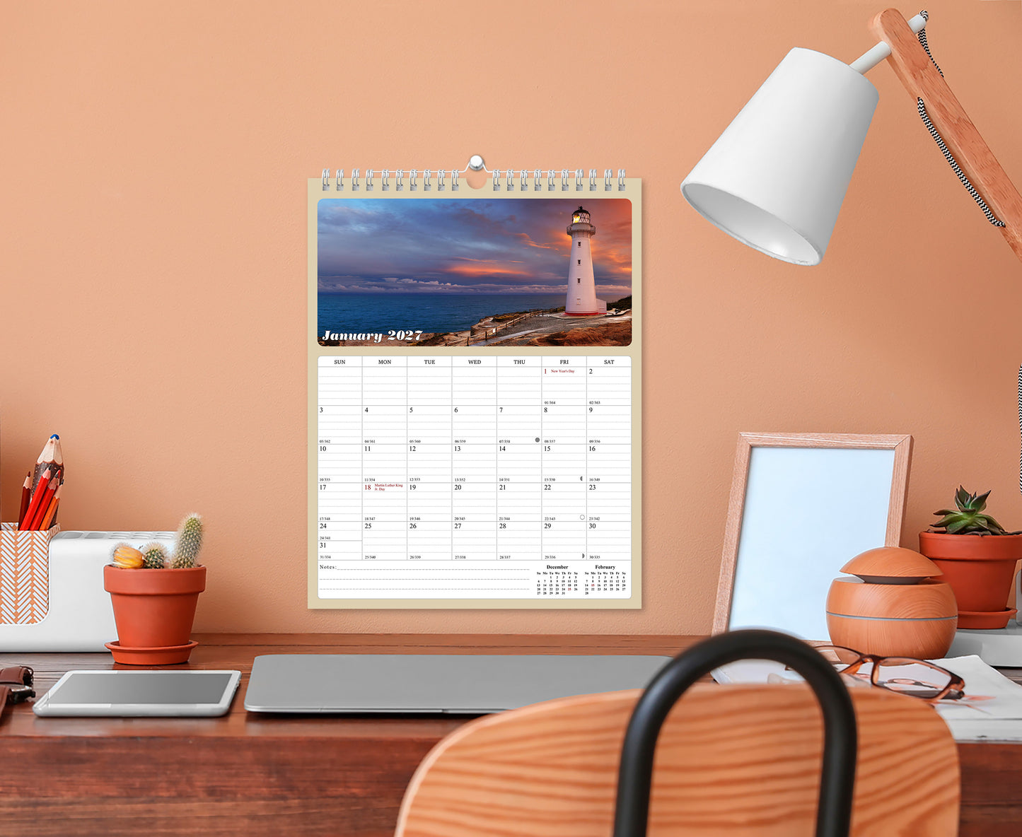 2027 Wall Calendar Spiral-bound Twin-Wire Binding - 12 Months Planner - Large Ruled Blocks with Julian Dates - (Lighthouses)