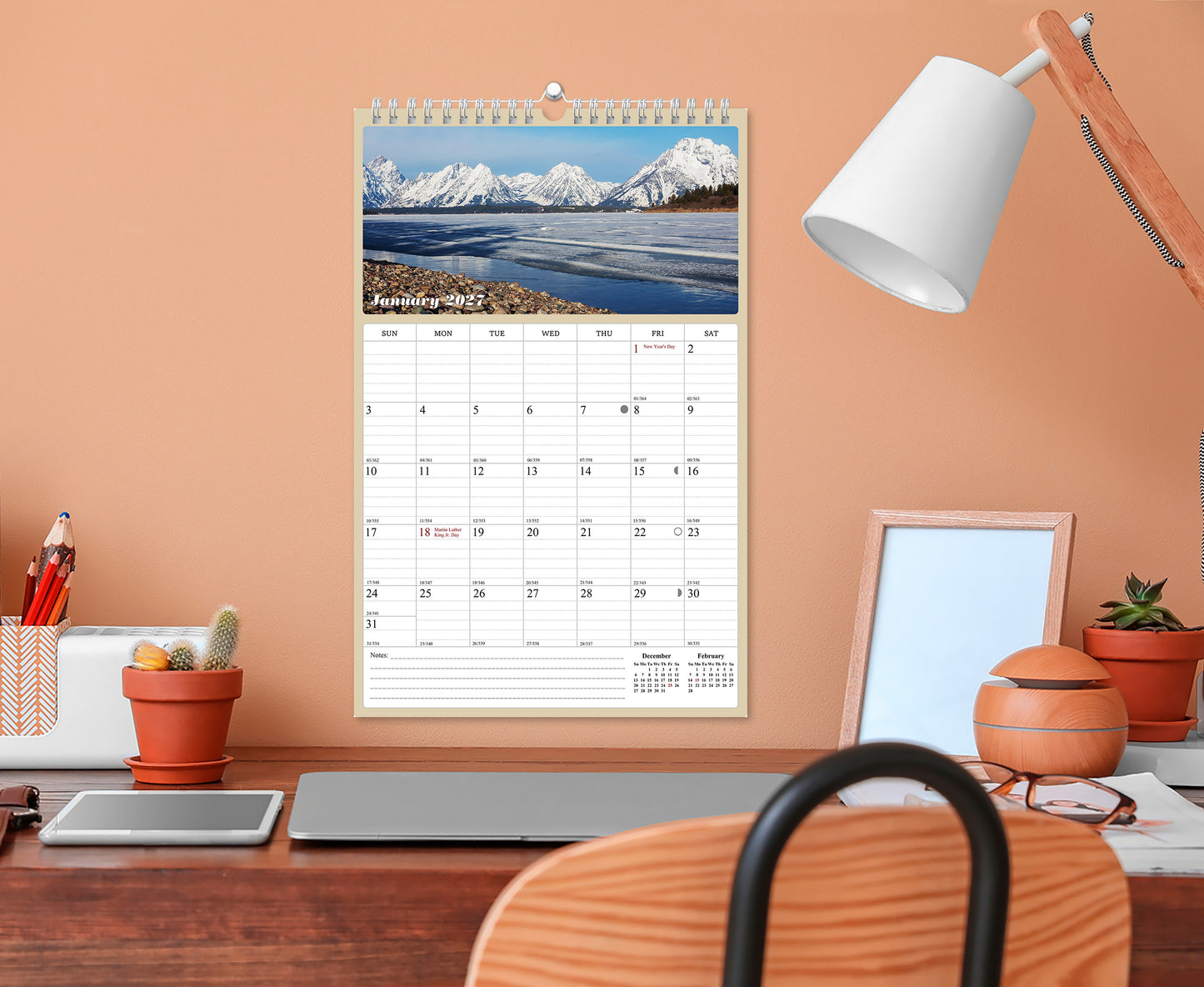 2026 - 2027 Wall Calendar Spiral-bound Twin-Wire Binding - 18 Months Planner - Large Ruled Blocks with Julian Dates - (National Parks)