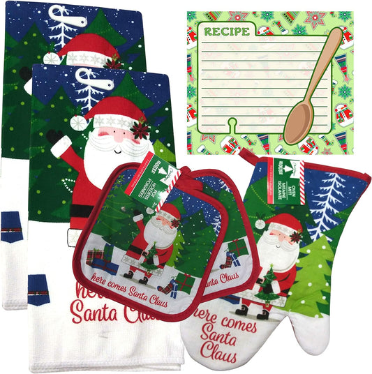Christmas - Holiday Baking Kitchen Linen Set (6 Piece) - 2 Kitchen Towel, 2 Pot Holders, 1 Oven Mitt, 1 Magnetic Dry Erase Recipe Planner (Style 02)