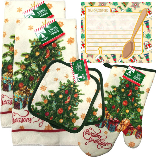Christmas - Holiday Baking Kitchen Linen Set (6 Piece) - 2 Kitchen Towel, 2 Pot Holders, 1 Oven Mitt, 1 Magnetic Dry Erase Recipe Planner (Style 04)