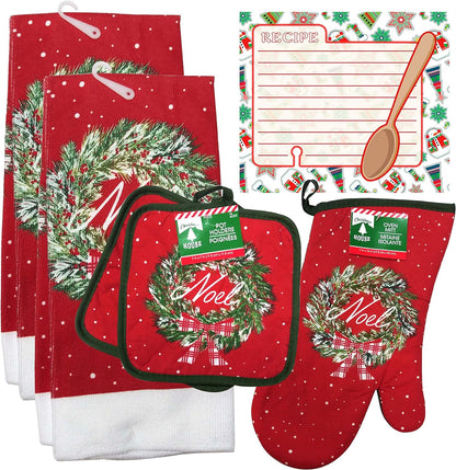 Christmas - Holiday Baking Kitchen Linen Set (6 Piece) - 2 Kitchen Towel, 2 Pot Holders, 1 Oven Mitt, 1 Magnetic Dry Erase Recipe Planner (Style 07)