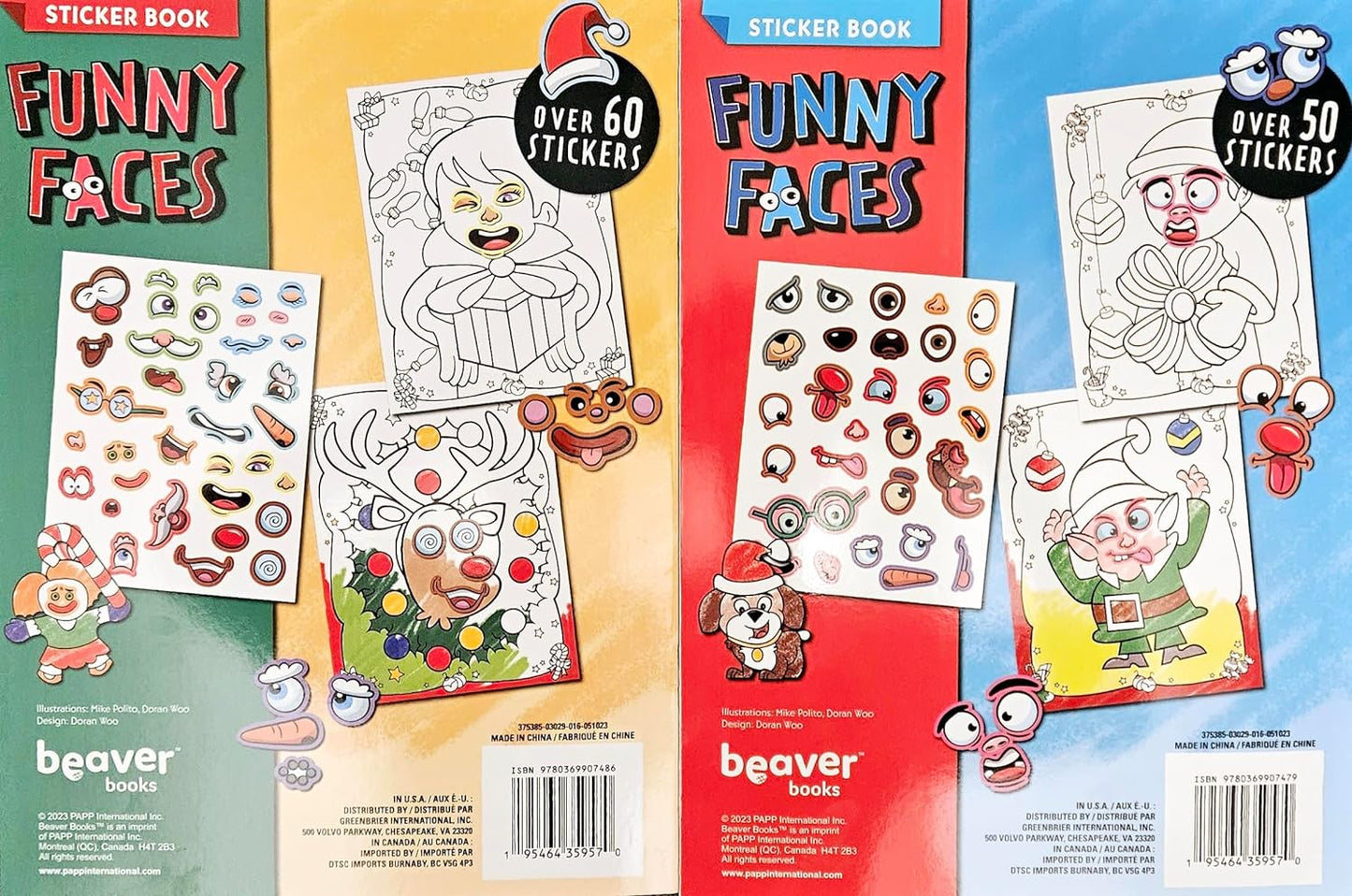 Christmas Funny Faces Sticker Book Set "Happy Holidays" & "Winter Fun"
