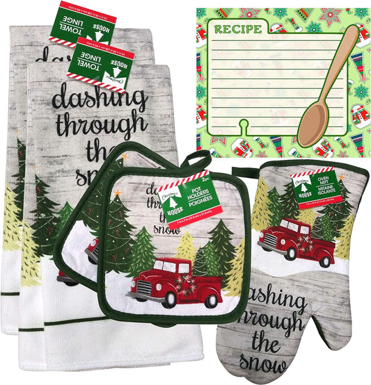 Christmas - Holiday Baking Kitchen Linen Set (6 Piece) - 2 Kitchen Towel, 2 Pot Holders, 1 Oven Mitt, 1 Magnetic Dry Erase Recipe Planner (Style 08)