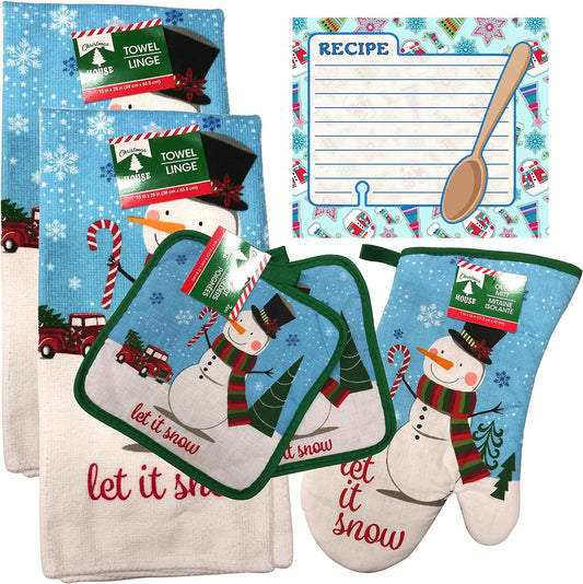 Christmas - Holiday Baking Kitchen Linen Set (6 Piece) - 2 Kitchen Towel, 2 Pot Holders, 1 Oven Mitt, 1 Magnetic Dry Erase Recipe Planner (Style 01)