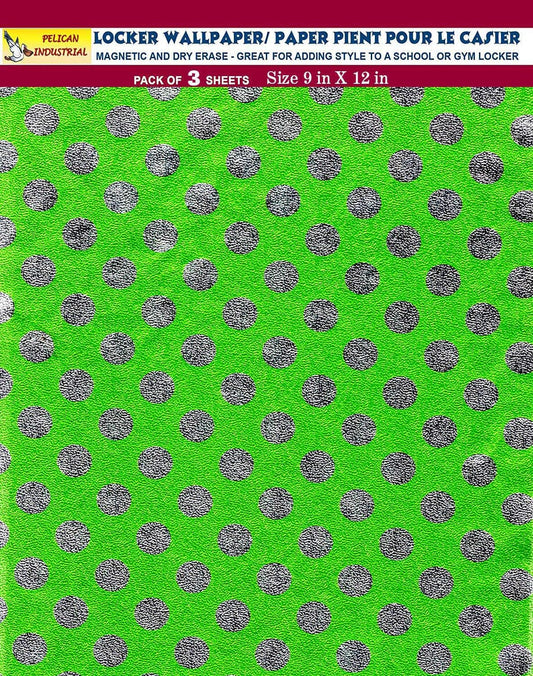 PELICAN INDUSTRIAL Magnetic Locker Wallpaper (Full Sheet Magnetic) Dry Erasable - Glitter Sparkles Designs, Embossed Foil - Pack of 3 Sheets - Green Polka Dots