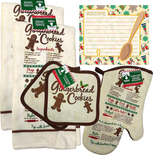 Christmas - Holiday Baking Kitchen Linen Set (6 Piece) - 2 Kitchen Towel, 2 Pot Holders, 1 Oven Mitt, 1 Magnetic Dry Erase Recipe Planner (Style 06)
