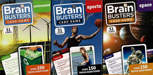 Brain Busters Card Game - Environment, Sports, Space - with Over 150 Trivia Questions(Set of 3)