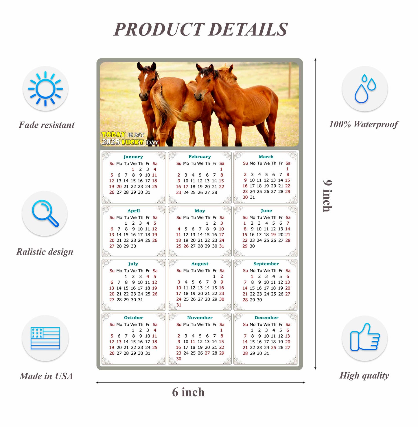 2025 Peel & Stick Calendar - Today is my Lucky Day Removable - Horses 014 (9"x 6")