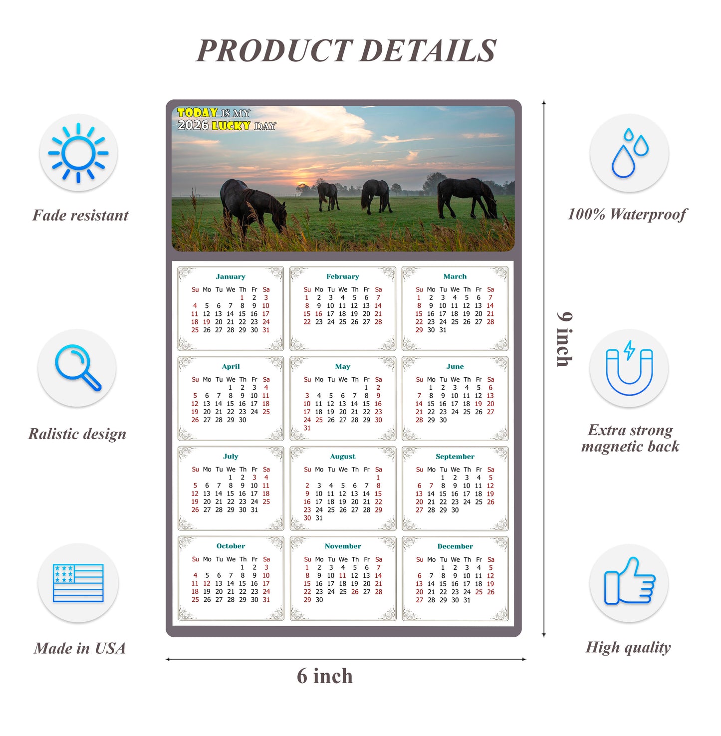 2026 Peel & Stick Calendar - Today is my Lucky Day Removable - Horses 04 (9"x 6")