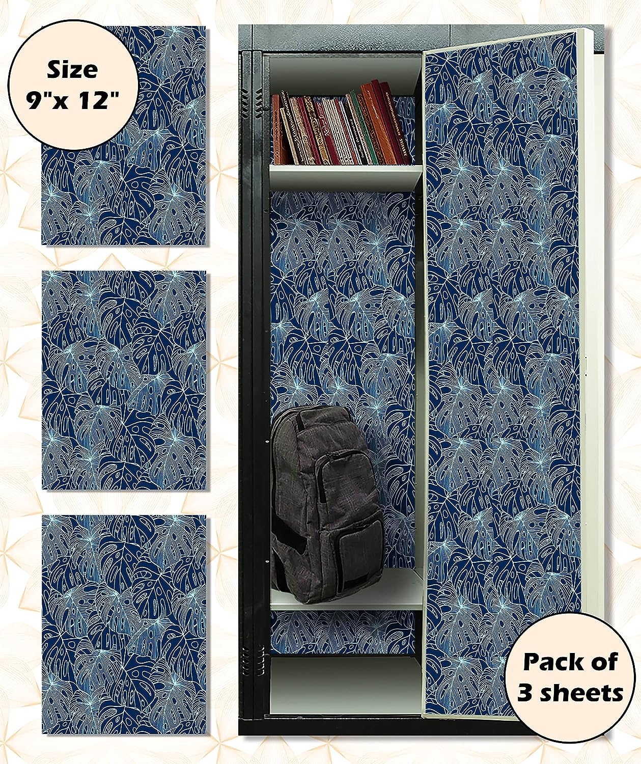 Magnetic Locker Wallpaper (Full sheet Magnetic) - Remove & Reuse Decorative Vinyl (Tropical leaves) - Pack of 3 Sheets (vb061)