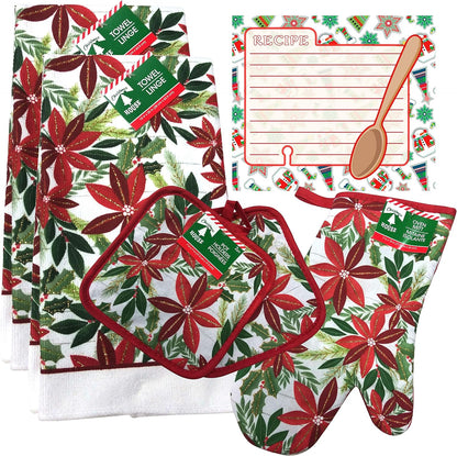 Christmas - Holiday Baking Kitchen Linen Set (6 Piece) - 2 Kitchen Towel, 2 Pot Holders, 1 Oven Mitt, 1 Magnetic Dry Erase Recipe Planner (Style 03)