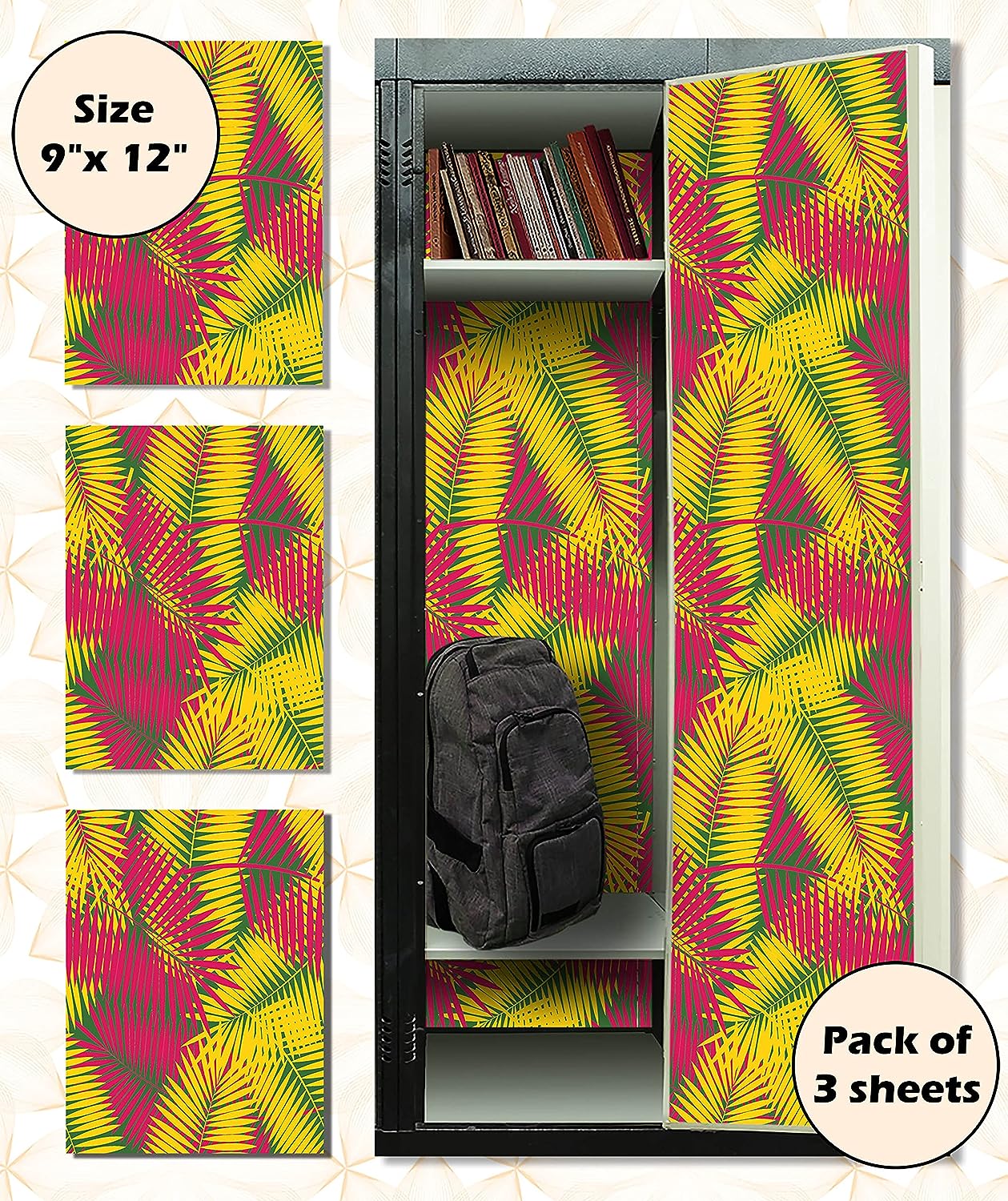 Magnetic Locker Wallpaper (Full sheet Magnetic) - Remove & Reuse Decorative Vinyl (Tropical leaves) - Pack of 3 Sheets (vb062)