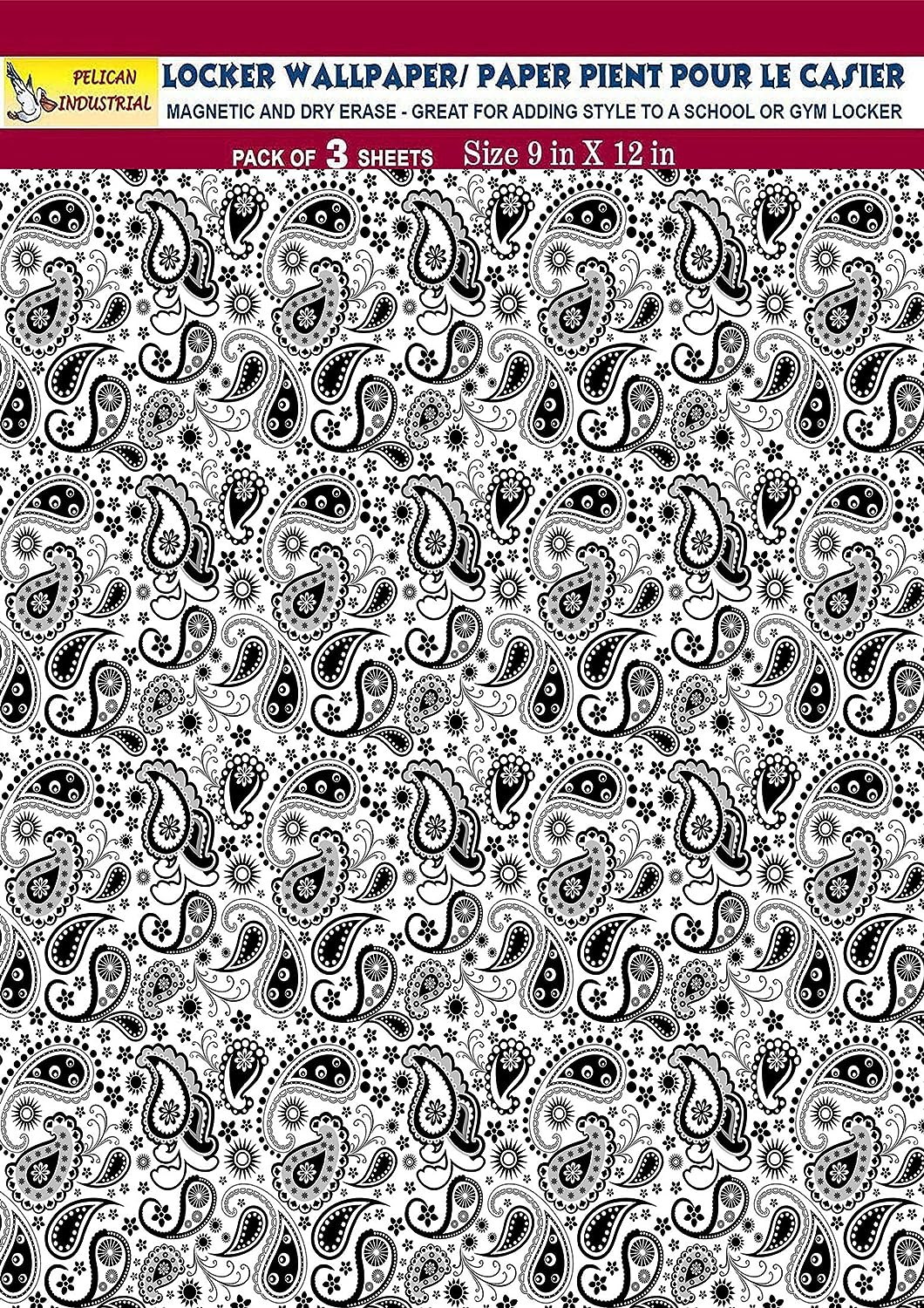 PELICAN INDUSTRIAL Magnetic Locker Wallpaper (Full Sheet Magnetic) - (Black & White Paisley) - Pack of 3 Sheets - v2c