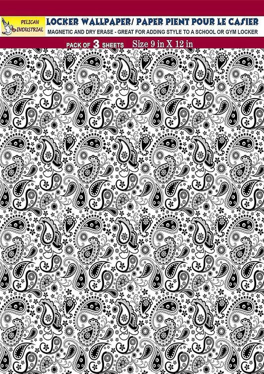 PELICAN INDUSTRIAL Magnetic Locker Wallpaper (Full Sheet Magnetic) - (Black & White Paisley) - Pack of 3 Sheets - v2c