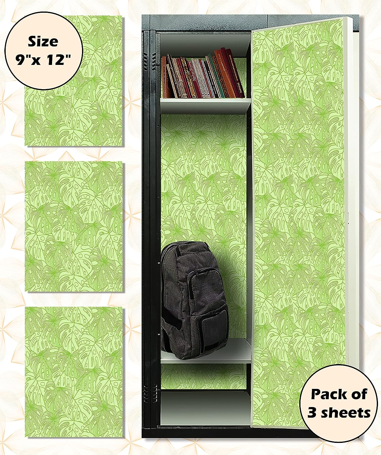 Magnetic Locker Wallpaper (Full sheet Magnetic) - Remove & Reuse Decorative Vinyl (Tropical leaves) - Pack of 3 Sheets (vb060)