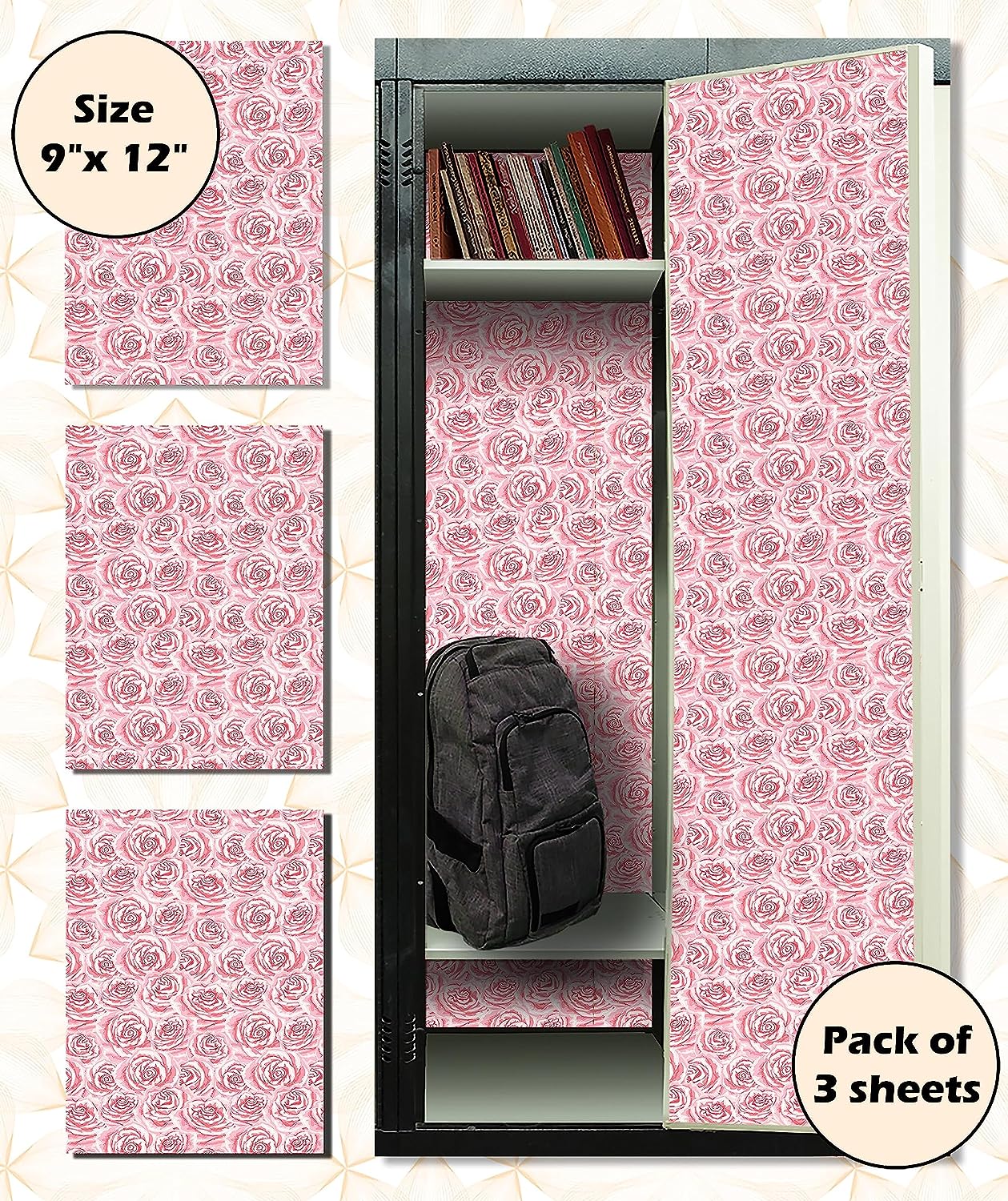 PELICAN INDUSTRIAL Magnetic Locker Wallpaper (Full Sheet Magnetic) - Remove & Reuse Decorative Vinyl - Made in USA - Fade, Tear and Water Resistant - (Pink Roses) - Pack of 3 Sheets (vb066)