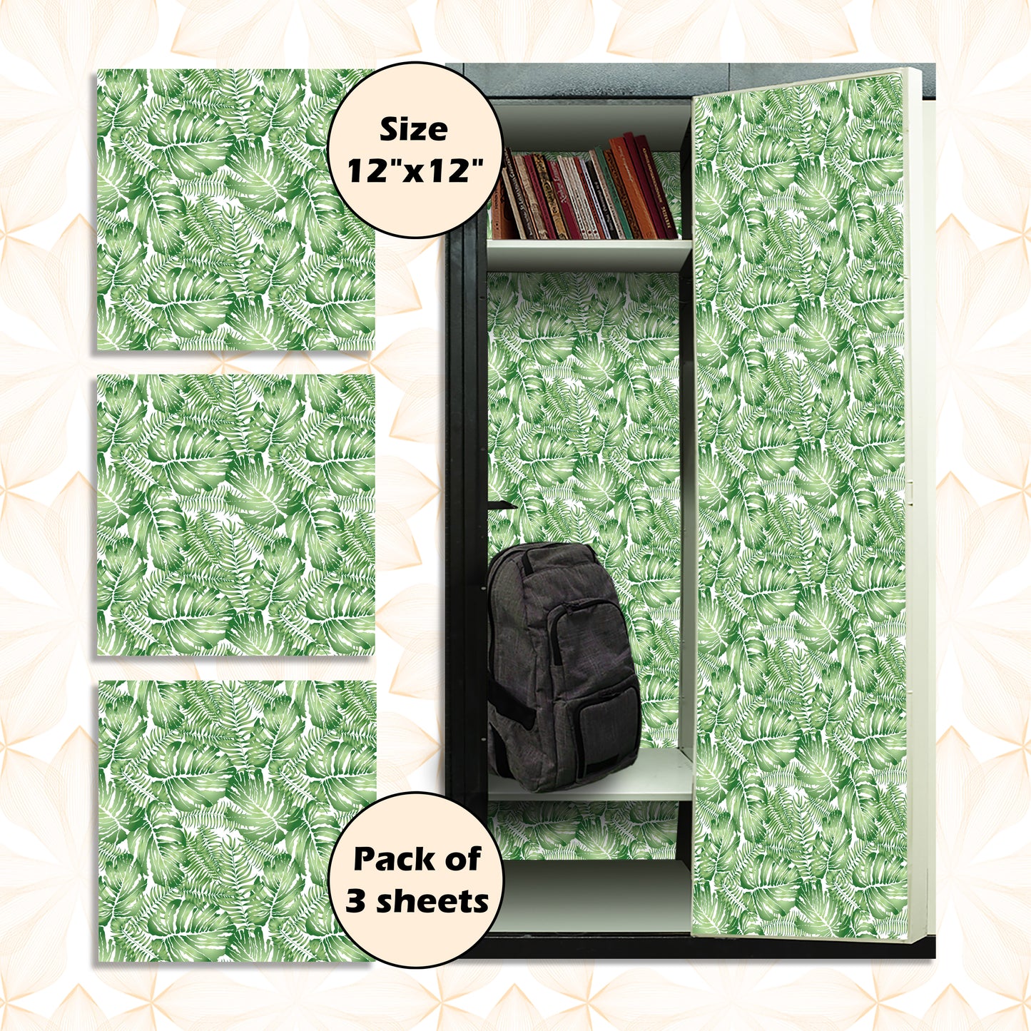 Deluxe School Locker Magnetic Wallpaper (Full sheet Magnetic) - Full Cover Standard Half Lockers - Trimmable, Easy Install, Remove & Reuse - Pack of 12 Sheets - (Green Tropical Leaves vr62)