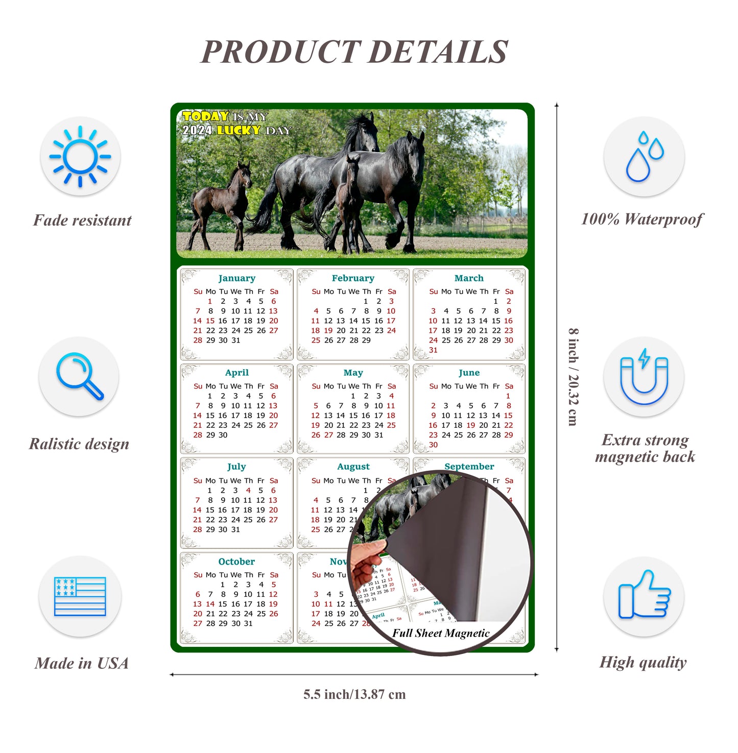 2024 Magnetic Calendar - Calendar Magnets - Today is my Lucky Day - (Fade, Tear, and Water Resistant) - Horses Themed 05