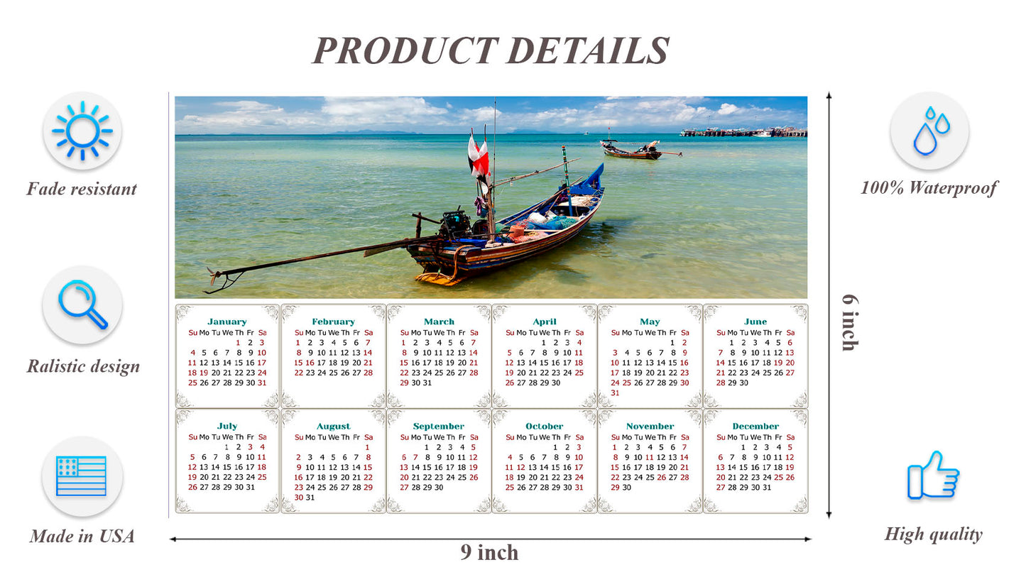 2026 Peel & Stick Calendar - Today is my Lucky Day - Removable - Thai Boat on a Beach (9"x 6")