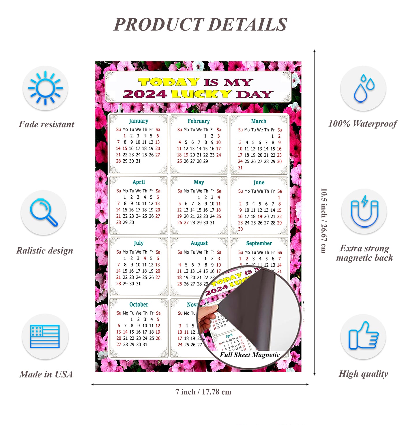 2024 Magnetic Calendar - Calendar Magnets - Today is my Lucky Day - (Fade, Tear, and Water Resistant) - Themed 027