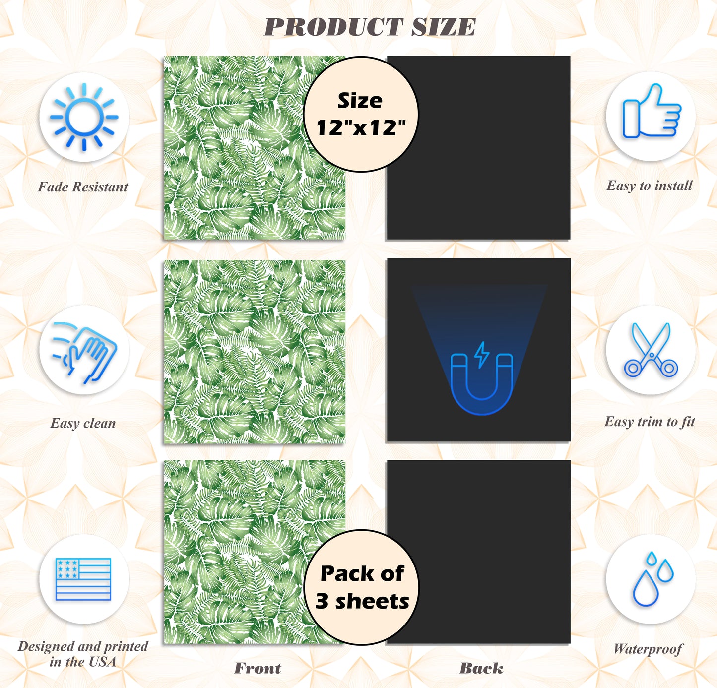 Deluxe School Locker Magnetic Wallpaper (Full sheet Magnetic) - Full Cover Standard Half Lockers - Trimmable, Easy Install, Remove & Reuse - Pack of 12 Sheets - (Green Tropical Leaves vr62)