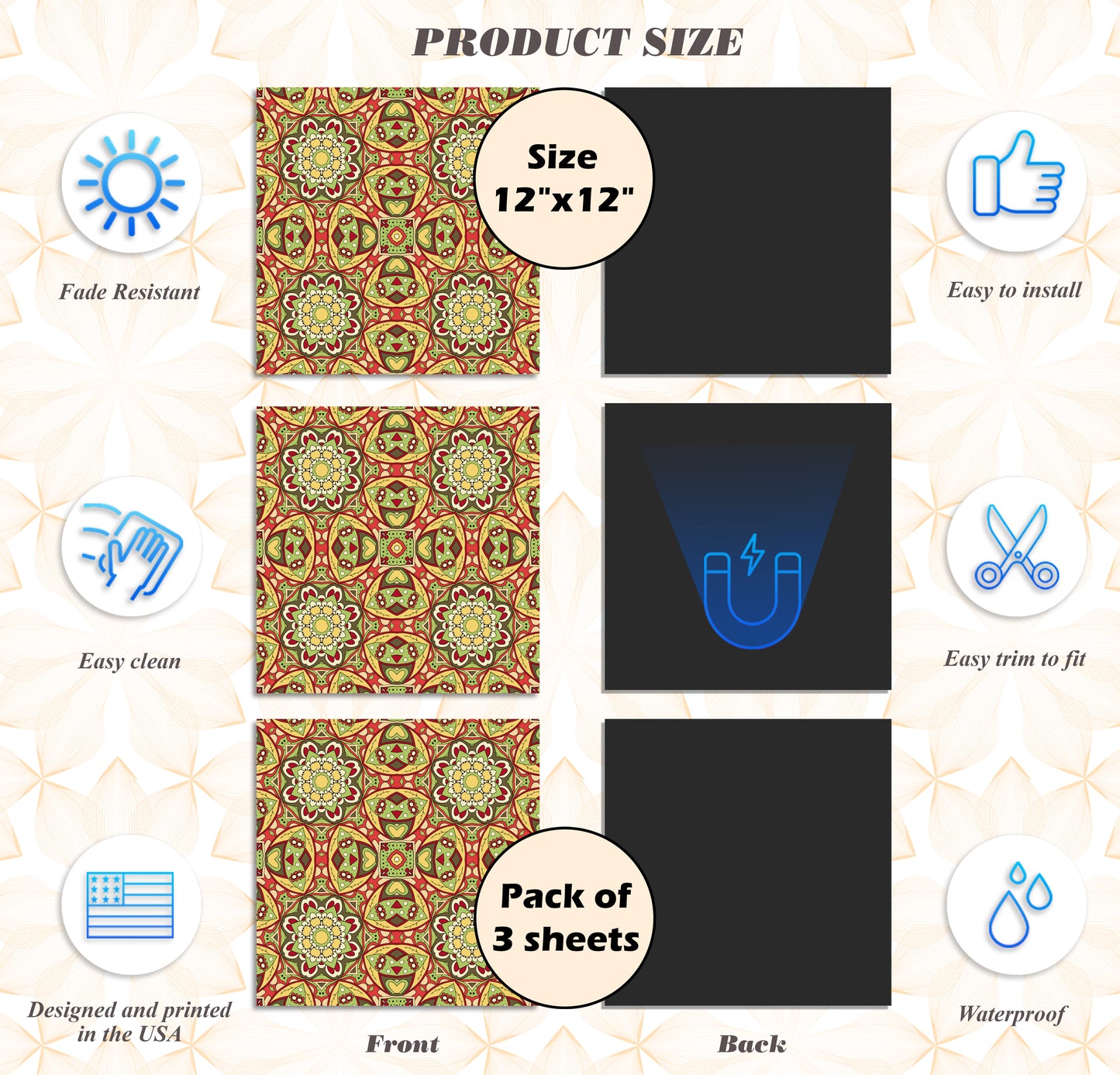 Deluxe School Locker Magnetic Wallpaper (Full sheet Magnetic) - Full Cover Standard Half Lockers - Trimmable, Easy Install, Remove & Reuse - Pack of 12 Sheets - (Yellow and Red Mandala vr30)