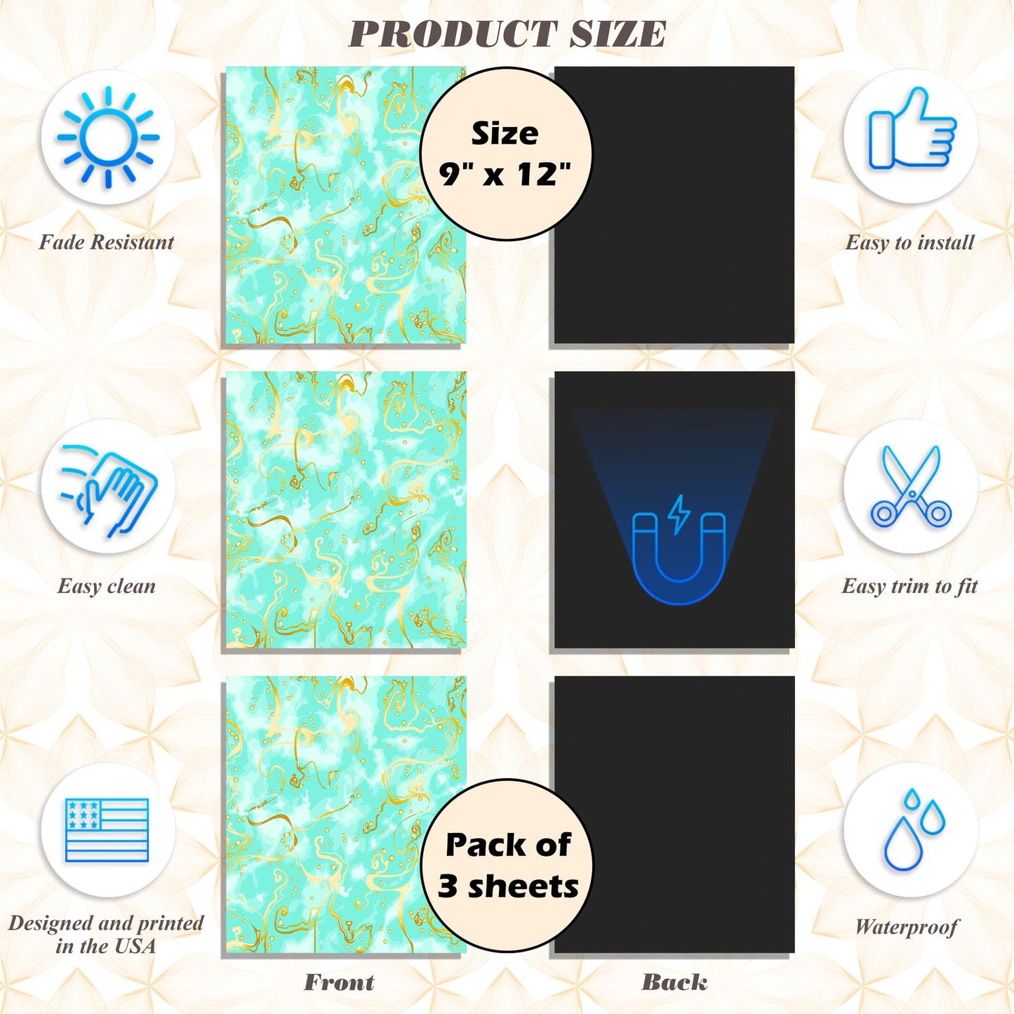 Magnetic Locker Wallpaper (Full sheet Magnetic) - Remove & Reuse Decorative Vinyl - Pack of 3 Sheets (Marble) (vg 032)