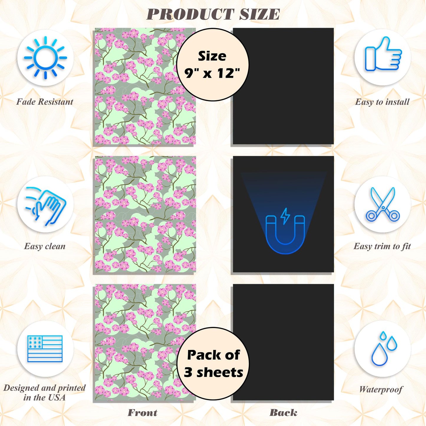 Magnetic Locker Wallpaper (Full sheet Magnetic) - Remove & Reuse Decorative Vinyl - Pack of 3 Sheets (Flowers) (vg 031)