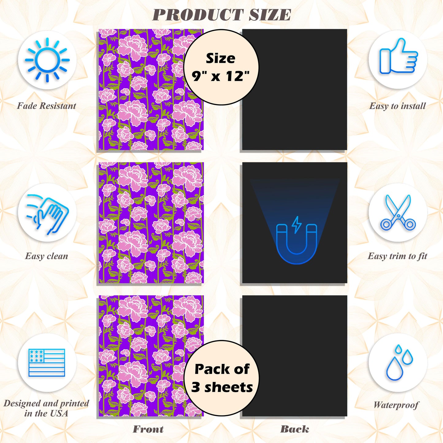 Magnetic Locker Wallpaper - Pack of 3 Sheets - (Flowers) (vg 016)