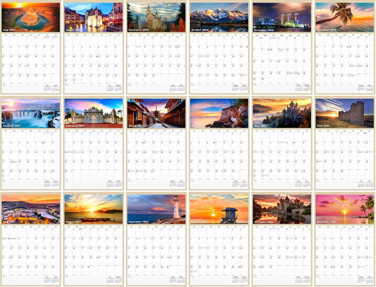 2026 - 2027 Wall Calendar Spiral-bound Twin-Wire Binding - 18 Months Planner - Large Ruled Blocks with Julian Dates - (Sunset&Sunrise)