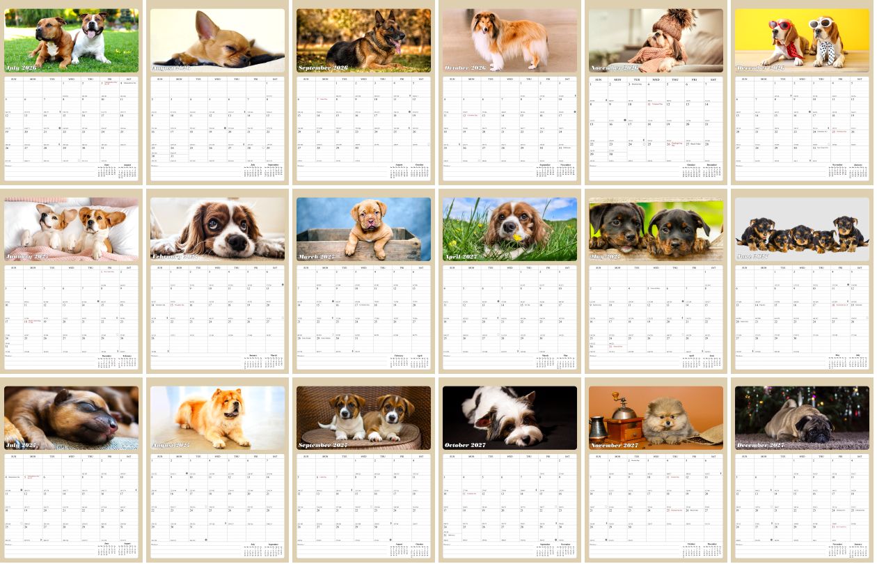 2027 Wall Calendar Spiral-bound Twin-Wire Binding - 12 Months Planner - Large Ruled Blocks with Julian Dates - (Dogs)