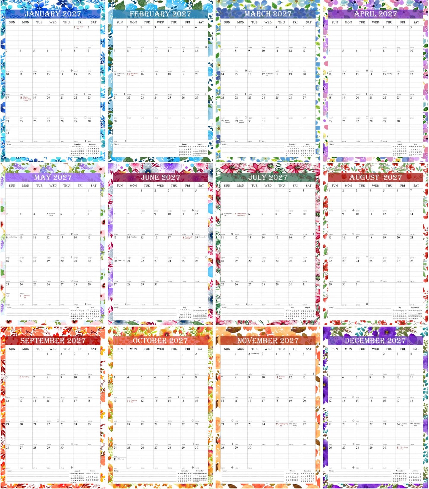 2027 Wall Calendar Spiral-Bound Twin-Wire Binding - 12 Months  01