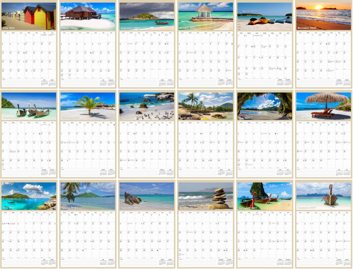 2026 - 2027 Wall Calendar Spiral-bound Twin-Wire Binding - 18 Months Planner - Large Ruled Blocks with Julian Dates - (Beaches)
