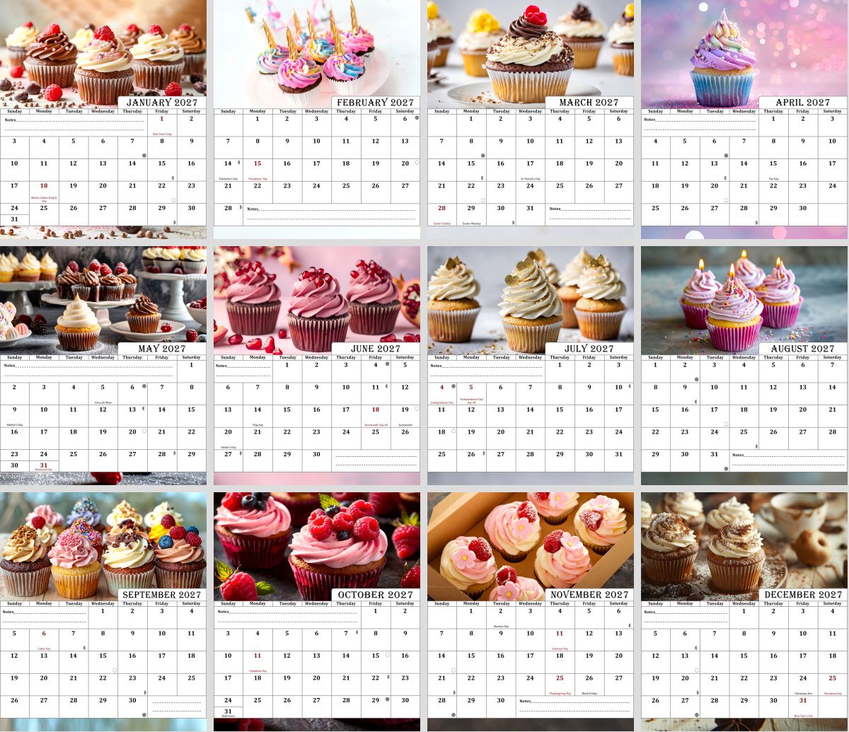 2027-12 Months Desk Calendar Desktop Planner with To-Do List (Cupcakes)