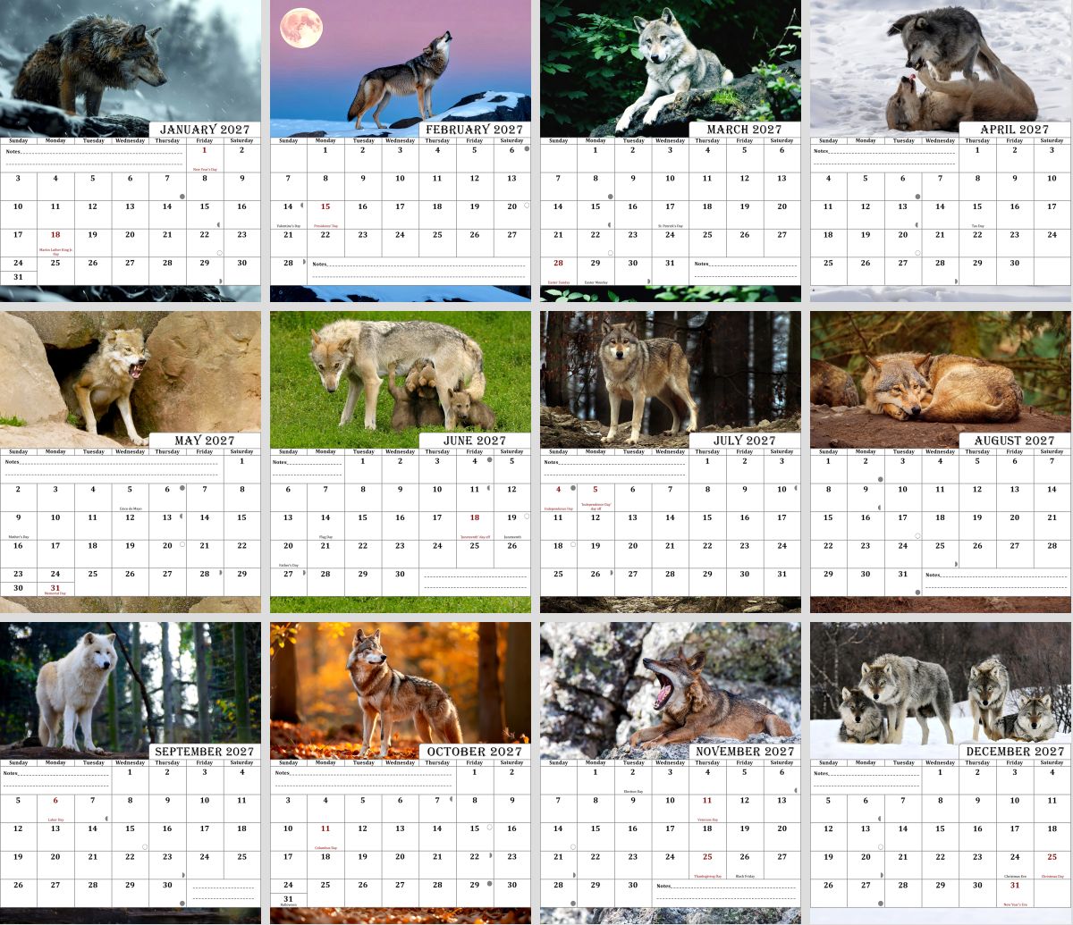 2026-2027 18 Months Standing Flip Desk Calendar Desktop Planner (Wolves)