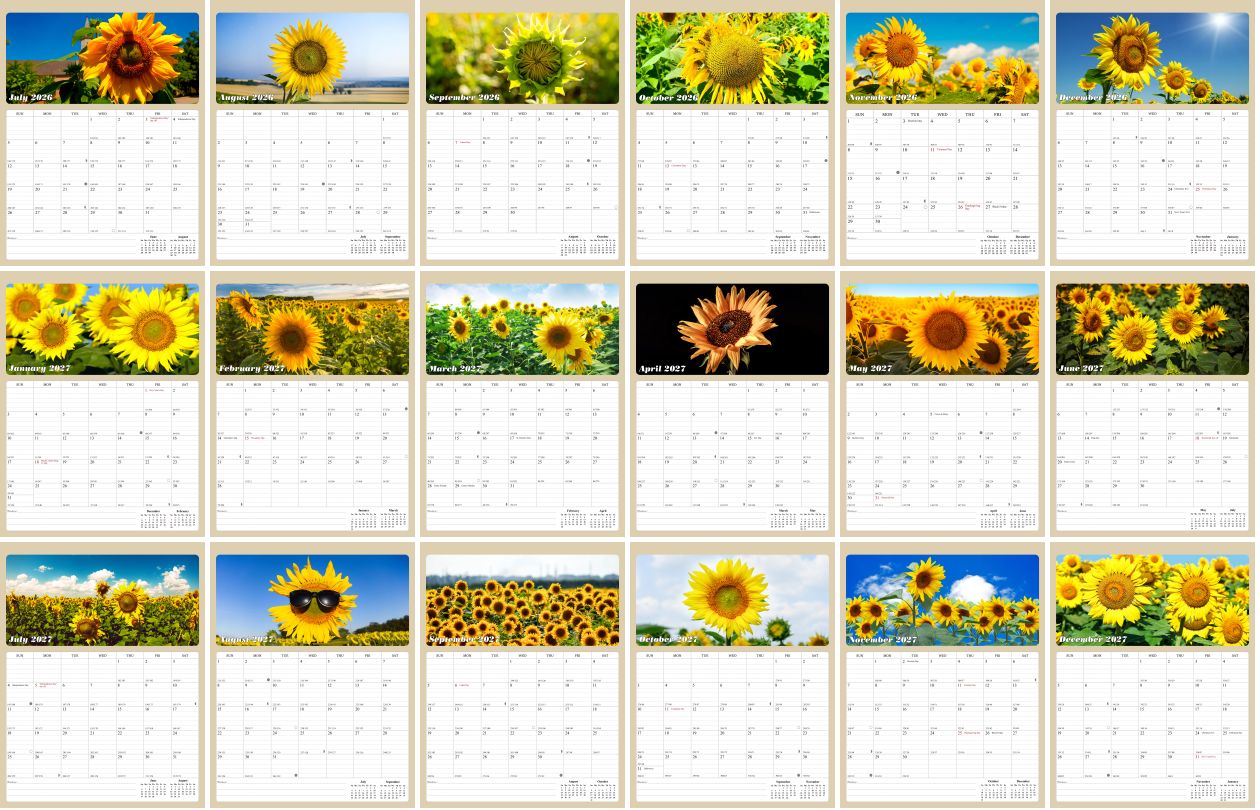 2026 - 2027 Calendar Magnetic Peel & Stick 18 Months 8.5" x 11" Sunflowers