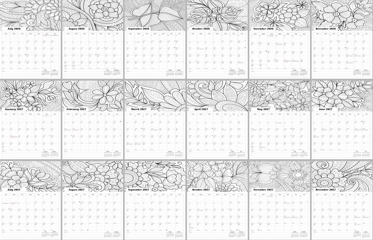 2026 - 2027 Wall Coloring Calendar Spiral-bound Twin-Wire Binding - 18 Months Planner - Large Ruled Blocks with Julian Dates - (Flowers)