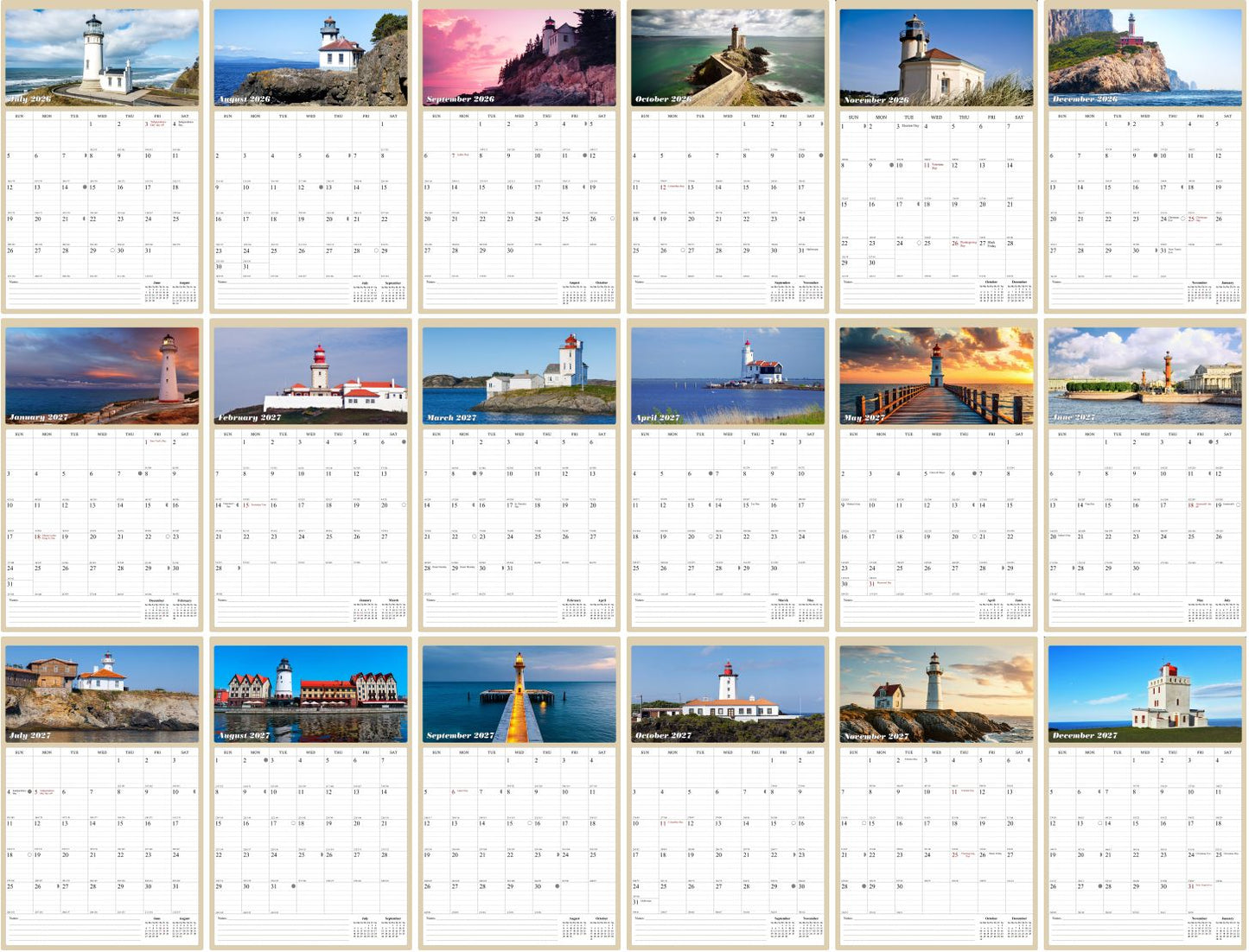 2026 - 2027 Wall Calendar Spiral-bound Twin-Wire Binding - 18 Months Planner - Large Ruled Blocks with Julian Dates - (Lighthouses)