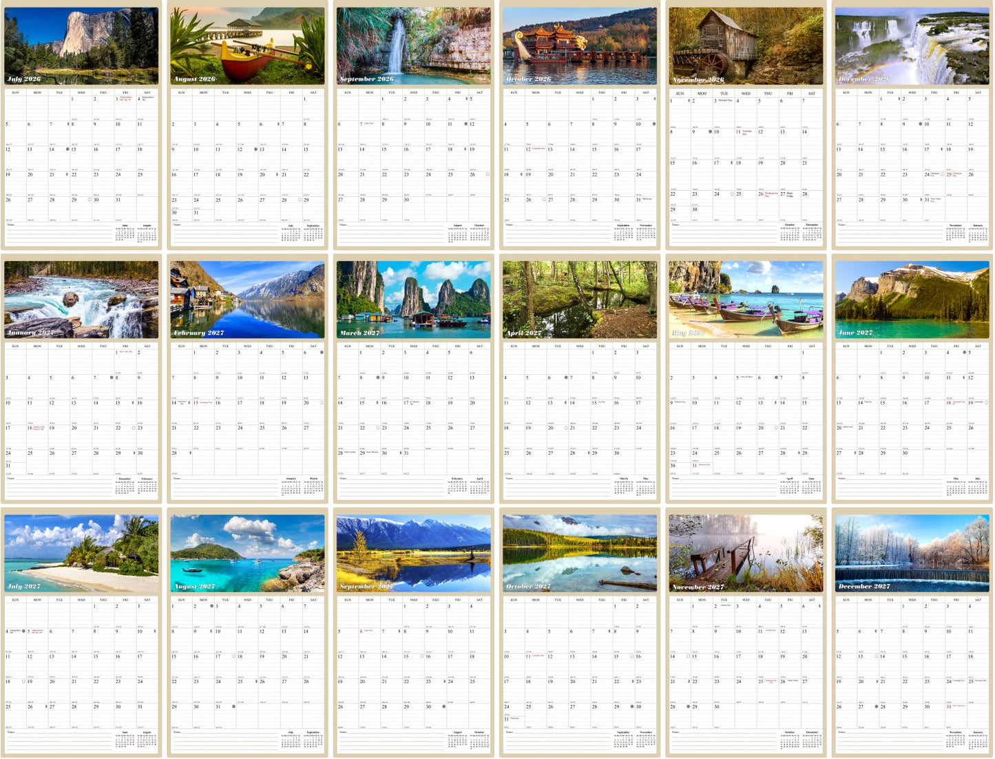 2026 - 2027 Wall Calendar Spiral-bound Twin-Wire Binding - 18 Months Planner - Large Ruled Blocks with Julian Dates - (Outdoors)