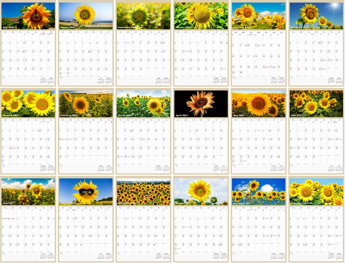 2026 - 2027 Wall Calendar Spiral-bound Twin-Wire Binding - 18 Months Planner - Large Ruled Blocks with Julian Dates - (Sunflowers)