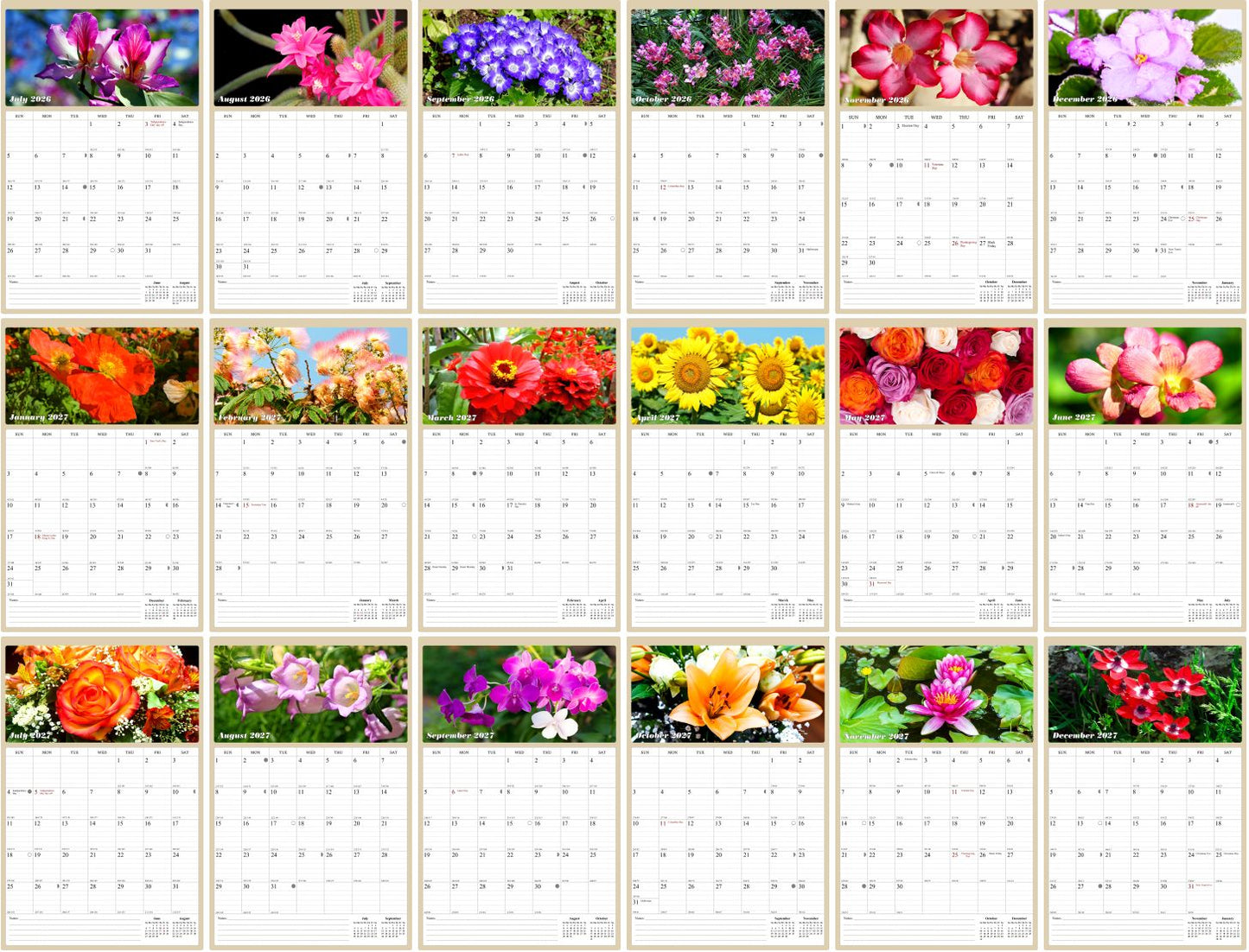 2026 - 2027 Wall Calendar Spiral-bound Twin-Wire Binding - 18 Months Planner - Large Ruled Blocks with Julian Dates - (Flowers)