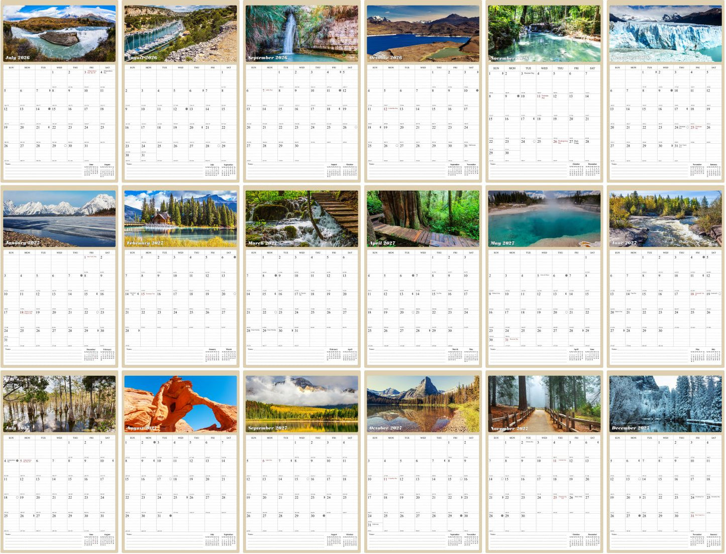 2026 - 2027 Wall Calendar Spiral-bound Twin-Wire Binding - 18 Months Planner - Large Ruled Blocks with Julian Dates - (National Parks)