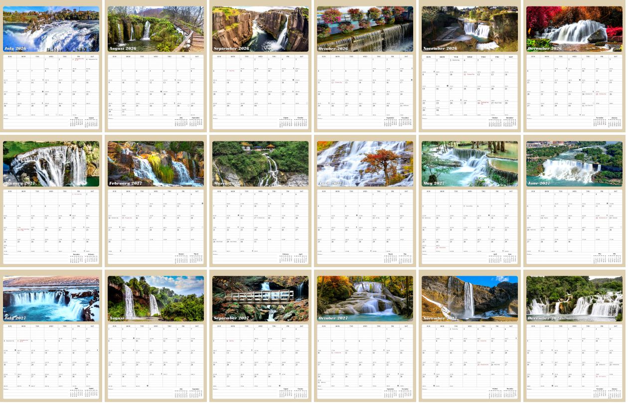 2026 - 2027 Calendar Magnetic Peel & Stick 18 Months 8.5" x 11" Waterfalls