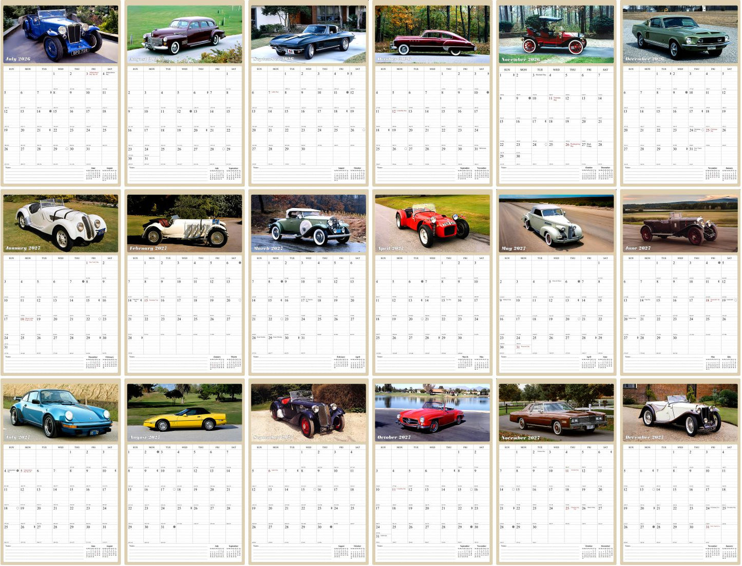 2026 - 2027 Wall Calendar Spiral-bound Twin-Wire Binding - 18 Months Planner - Large Ruled Blocks with Julian Dates - (Classic Cars)
