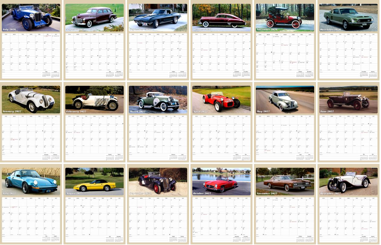 2026 - 2027 Calendar Magnetic Peel & Stick 18 Months 8.5" x 11" Classic Cars